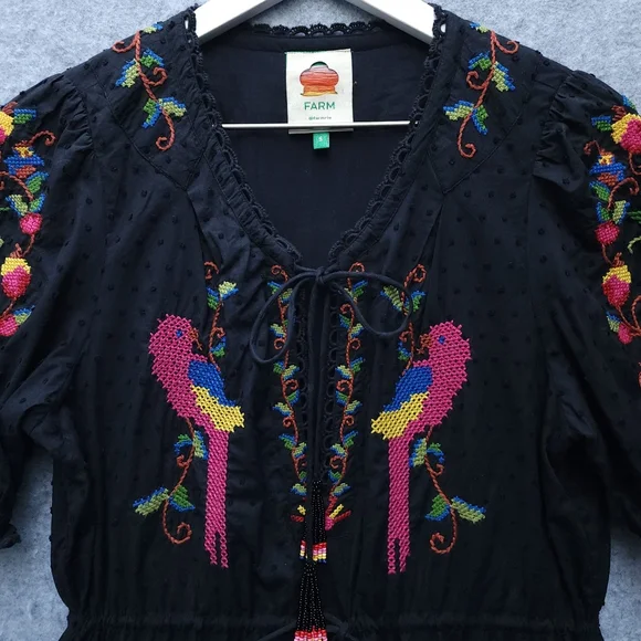 Farm Rio Black Embroidered Dress with Colorful Floral Design